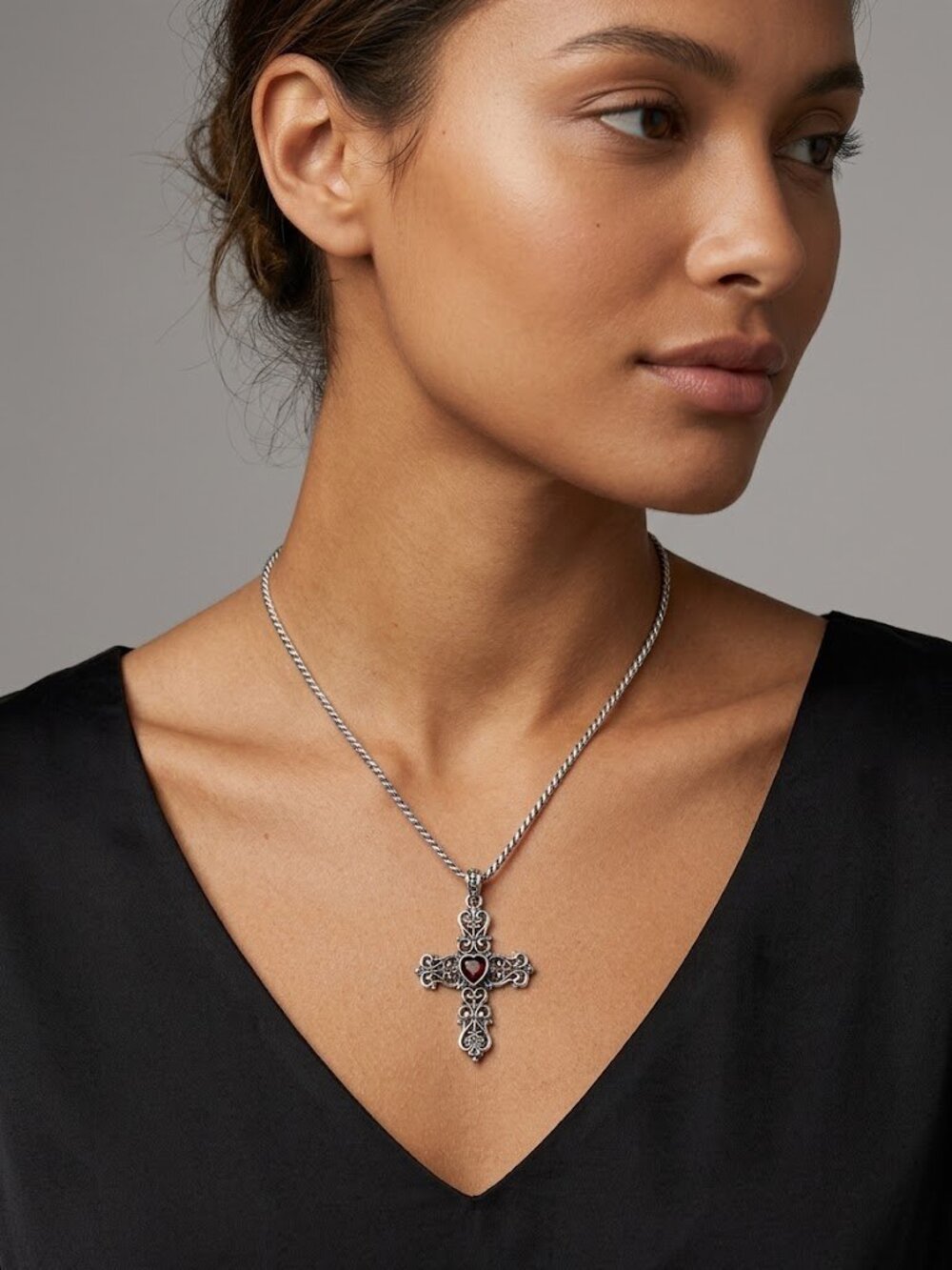 Brighton Silver Tone Filigree Cross Pendant Necklace with Red Crystal Heart